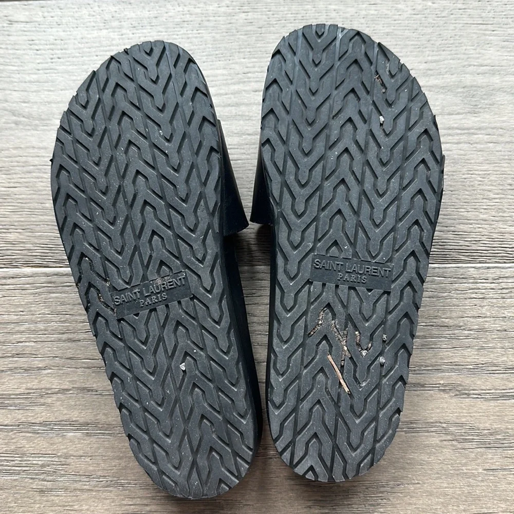 Saint Laurent Jimmy Logo Black Leather Embroidered Slide Sandals - Picture 4 of 6